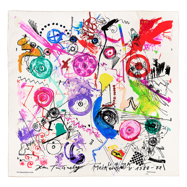 Meta silk scarf designed by swiss artist Tean Tinguely in 1988 for his exhibition at Centre Pompidou, Paris. Italian satin silk fabric with hand-rolled edges à la française