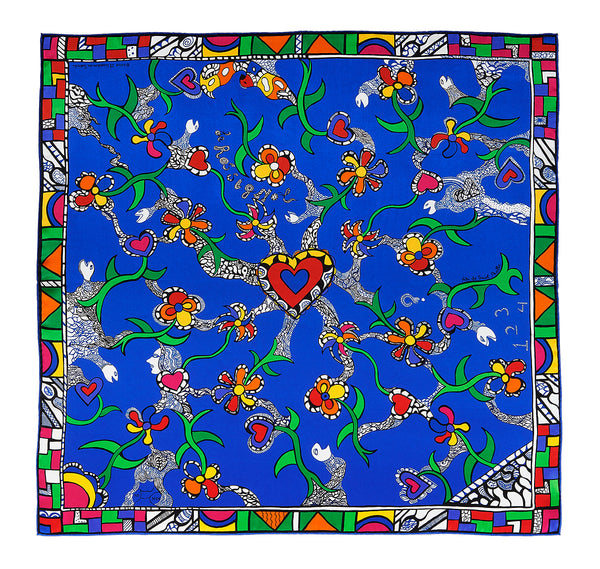 marine Rossignol silk scarf designed by Niki de Saint Phalle in the early 80's. Italian satin silk fabric with hand-rolled edges à la française