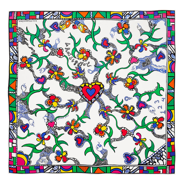 white Rossignol silk scarf designed by Niki de Saint Phalle in the early 80's. Italian satin silk fabric with hand-rolled edges à la française